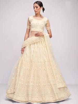 off white sequins embroidery net monochrome lehenga set choli with dupatta 2