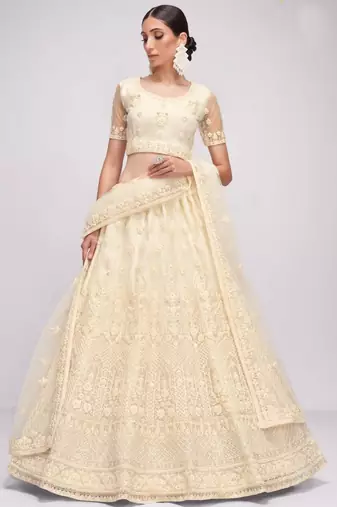 off white sequins embroidery net monochrome lehenga set choli with dupatta