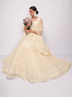 off white sequins embroidery net monochrome lehenga set choli with dupatta 3
