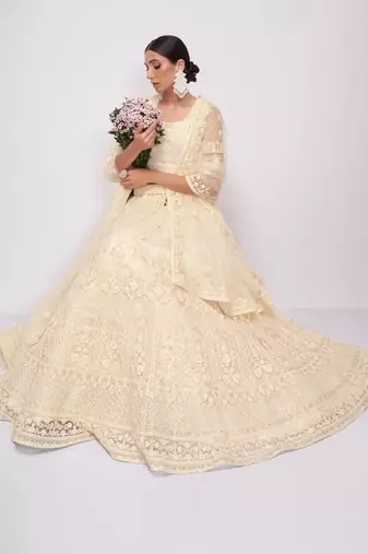 off white sequins embroidery net monochrome lehenga set choli with dupatta