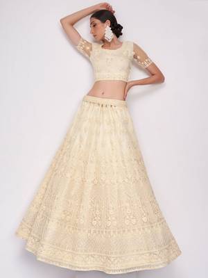 off white sequins embroidery net monochrome lehenga set choli with dupatta 4