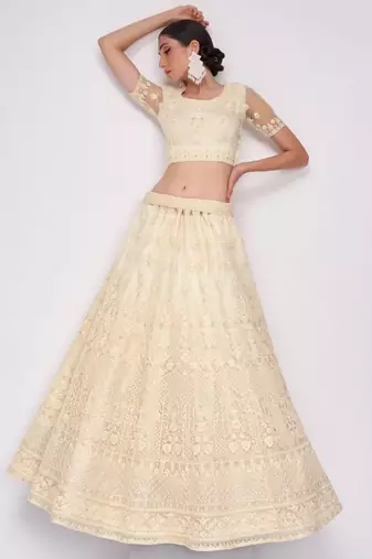 off white sequins embroidery net monochrome lehenga set choli with dupatta