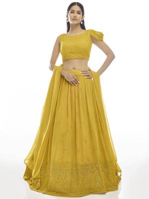 mustard yellow embroidered georgette lehenga set choli with dupatta 2