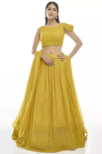 mustard yellow embroidered georgette lehenga set choli with dupatta