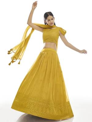 mustard yellow embroidered georgette lehenga set choli with dupatta 3