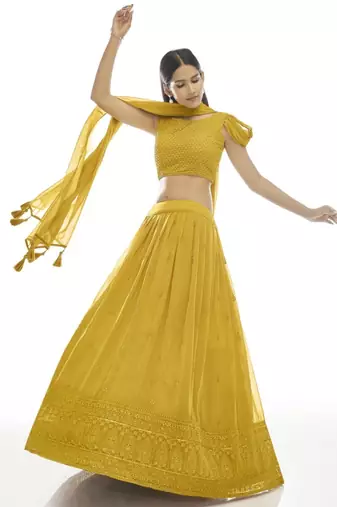 mustard yellow embroidered georgette lehenga set choli with dupatta