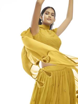 mustard yellow embroidered georgette lehenga set choli with dupatta 4