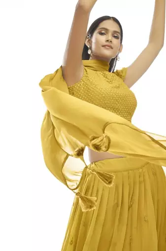 mustard yellow embroidered georgette lehenga set choli with dupatta