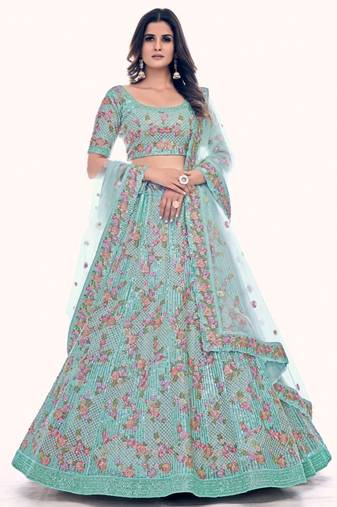 Sea Green Embroidered Soft Net Lehenga Choli