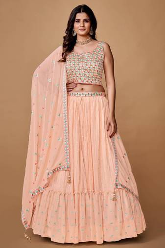 Peach Floral Embroidered Chiffon Party Lehenga Choli
