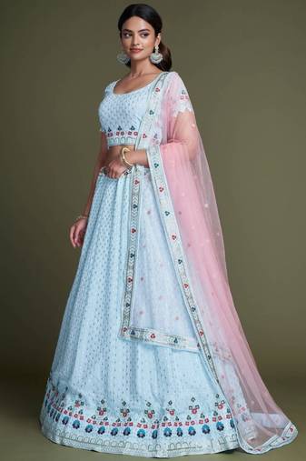 Sky-Blue Embroidered Georgette Marriage Wear Lehenga Choli