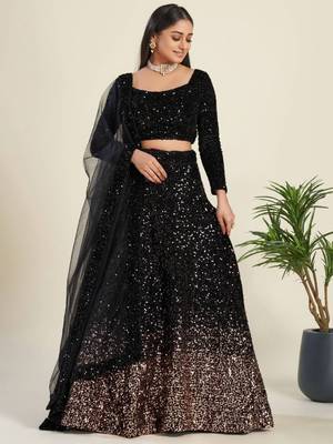 black sequin work velvet wedding lehenga set choli with dupatta 4