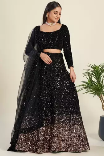 black sequin work velvet wedding lehenga set choli with dupatta