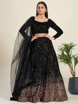 black sequin work velvet wedding lehenga set choli with dupatta 5