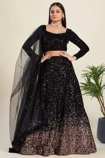 black sequin work velvet wedding lehenga set choli with dupatta