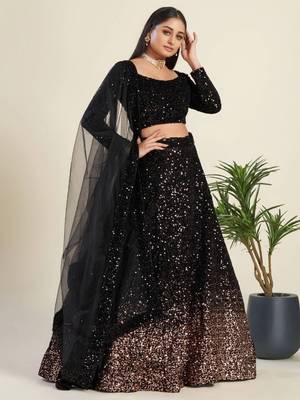 black sequin work velvet wedding lehenga set choli with dupatta 6