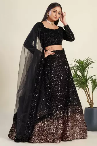 black sequin work velvet wedding lehenga set choli with dupatta