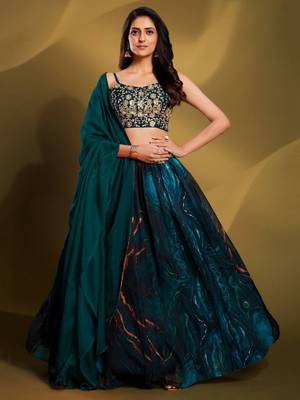teal colour sequins work organza lehenga set choli with dupatta 1