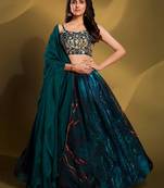 Teal-Colour Sequins Work Organza Reception Wear Lehenga Choli
