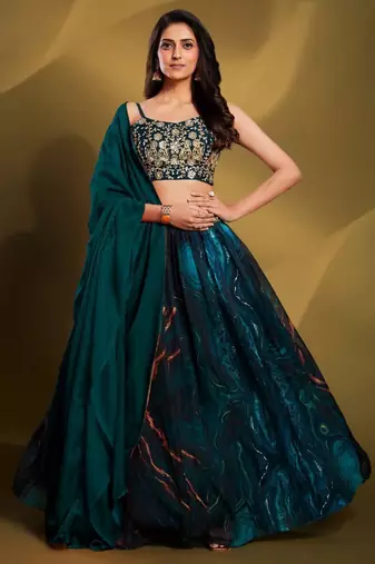 teal colour sequins work organza lehenga set choli with dupatta