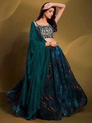 teal colour sequins work organza lehenga set choli with dupatta 3