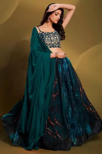 teal colour sequins work organza lehenga set choli with dupatta
