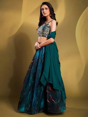 teal colour sequins work organza lehenga set choli with dupatta 4