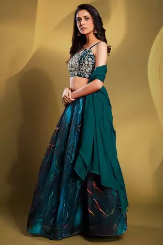 teal colour sequins work organza lehenga set choli with dupatta