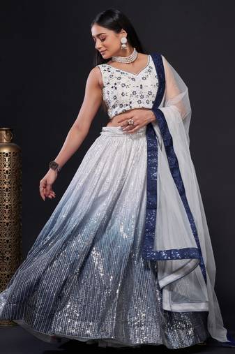 Navy-Blue & White Sequins Work Georgette Reception Lehenga Choli