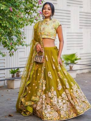 green mirror embroidered net lehenga set choli with dupatta 1