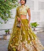 Green Mirror Embroidered Net Reception Wear Lehenga Choli