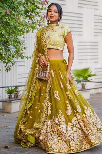 green mirror embroidered net lehenga set choli with dupatta
