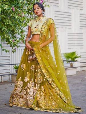 green mirror embroidered net lehenga set choli with dupatta 4