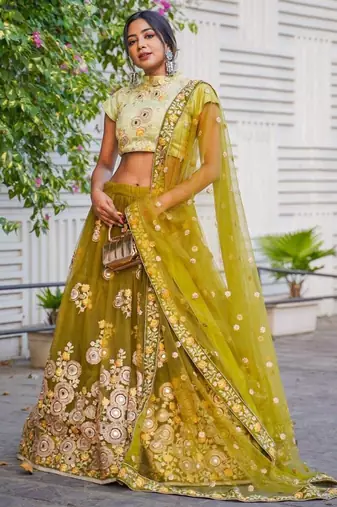 green mirror embroidered net lehenga set choli with dupatta