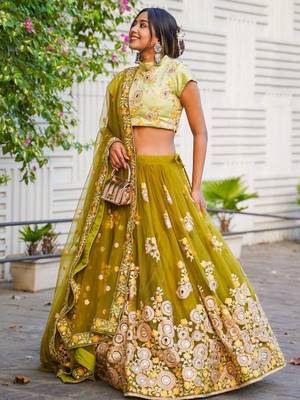 green mirror embroidered net lehenga set choli with dupatta 5