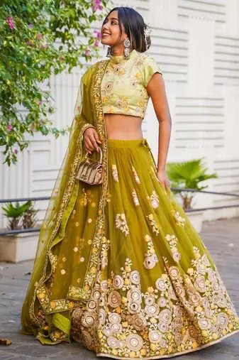 green mirror embroidered net lehenga set choli with dupatta