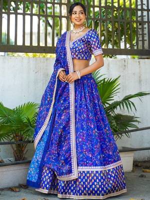 royal blue floral printed organza lehenga set choli with dupatta 1