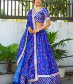 Royal Blue Floral Printed Organza Reception Lehenga Choli