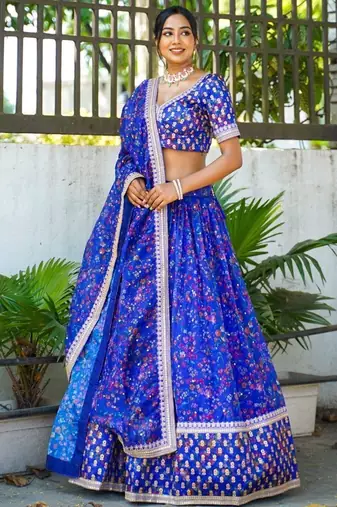 royal blue floral printed organza lehenga set choli with dupatta