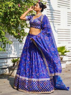 royal blue floral printed organza lehenga set choli with dupatta 3