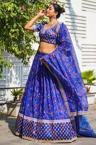royal blue floral printed organza lehenga set choli with dupatta
