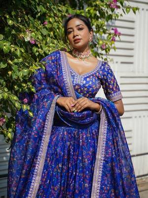 royal blue floral printed organza lehenga set choli with dupatta 4