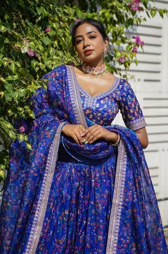 royal blue floral printed organza lehenga set choli with dupatta