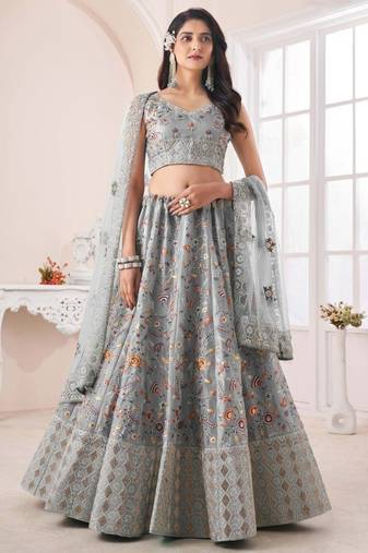 Grey Floral Embroidered Art Silk Bridesmaid Lehenga Choli
