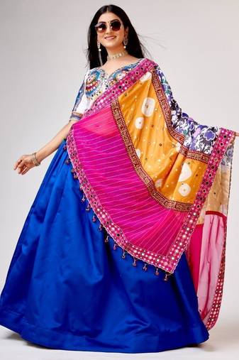 Blue Mirror Work Silk Navratri Wear Lehenga Choli With Dupatta