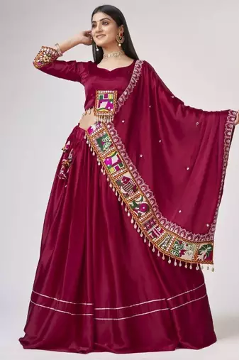 Maroon Gamthi Work Silk Navratri Wear Lehenga Choli