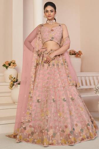 Baby Pink Thread Work Net Designer Lehenga Choli
