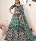 Green Thread Work Satin Mehendi Wear Lehenga Choli