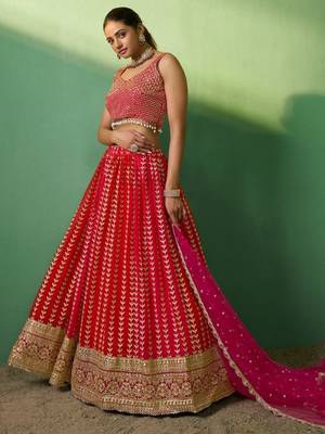 red sequins georgette lehenga set choli with dupatta 3