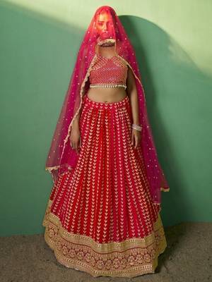 red sequins georgette lehenga set choli with dupatta 4
